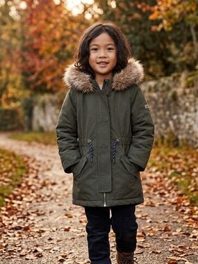 Joules Kids Olive Green Parka With Faux Fur Trim. Size 6